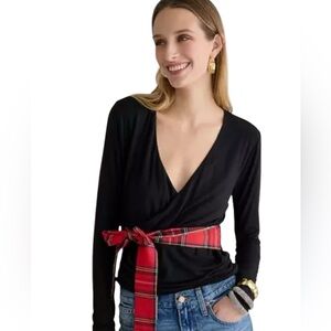 J.Crew Womens Formknit Long Sleeve Wrap Top Black Size XS Plaid Accents holiday